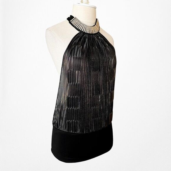 Vintage Y2K Monaco Black Pleated Rhinestone Collar Sleeveless Knit Top Size M - Picture 4 of 7